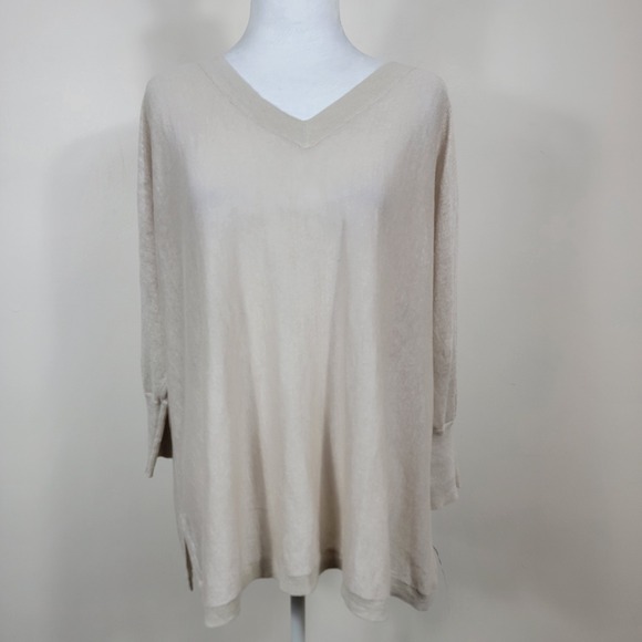 Garnet Hill Womens XS Linen V Neck Long Sleeve Tunic Top Beige Neutral Casual - Picture 1 of 8